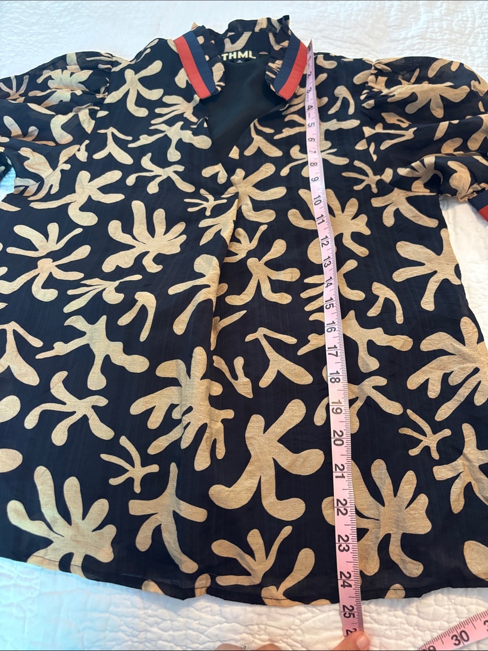 THML Black Blouse with Cream Abstract Print and Red Trim - Picture 6 of 7